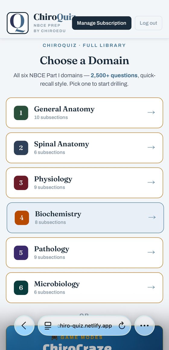 ChiroQuiz domain selection screen showing all six NBCE Part I domains and 2,500+ questions
