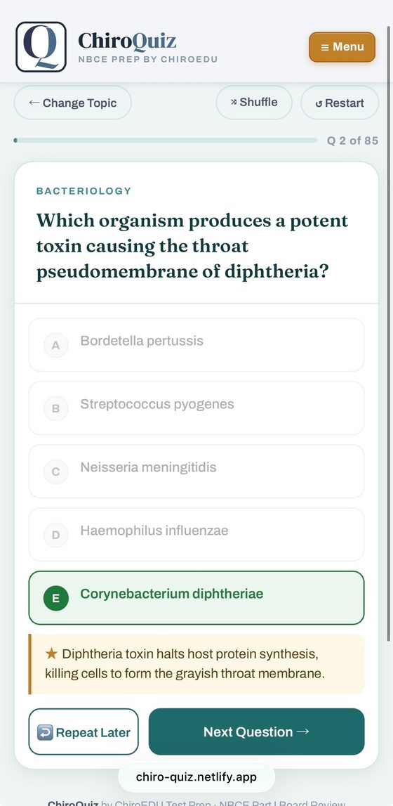 ChiroQuiz question screen with instant explanation for a neurophysiology question